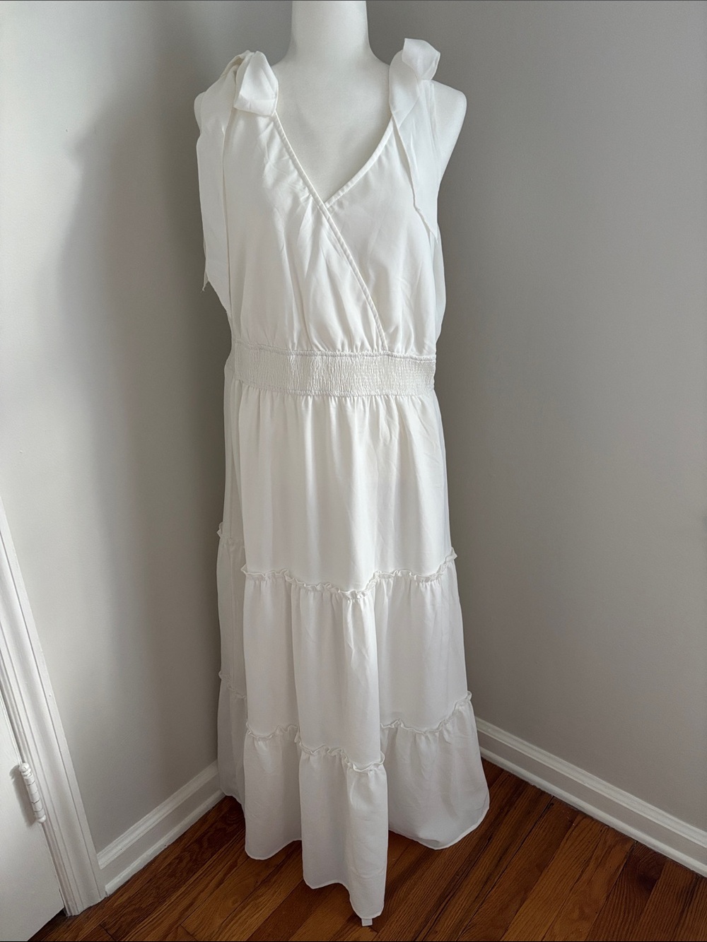 White Tiered V-Neck Maxi Dress with Tie Straps